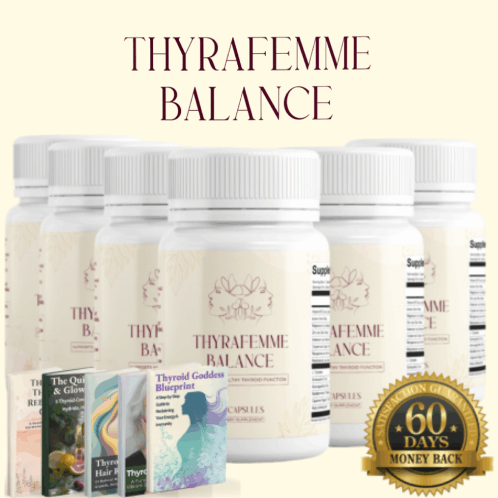 Thyrafemme Balance package with six bottles, free US shipping, and five bonus wellness eBooks.