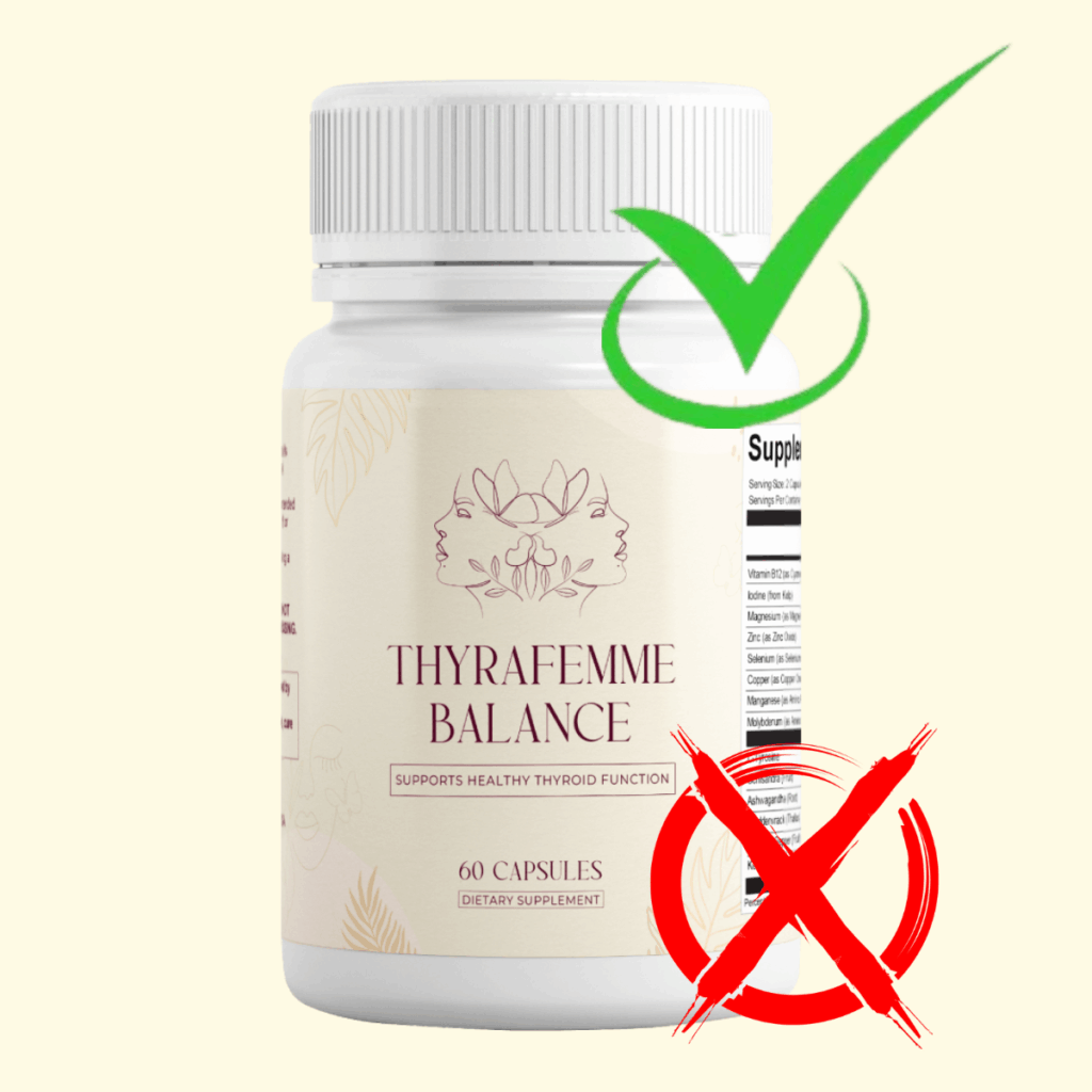Thyrafemme Balance bottle with icons showing product pros and cons.