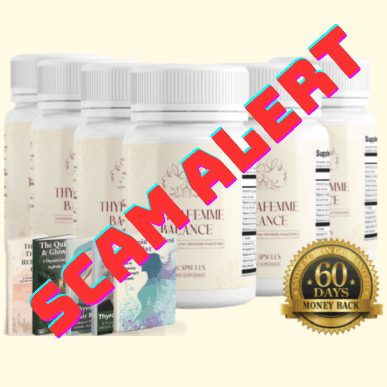 Thyrafemme Balance supplement bottle beside a warning icon representing a scam alert and product authenticity awareness.
