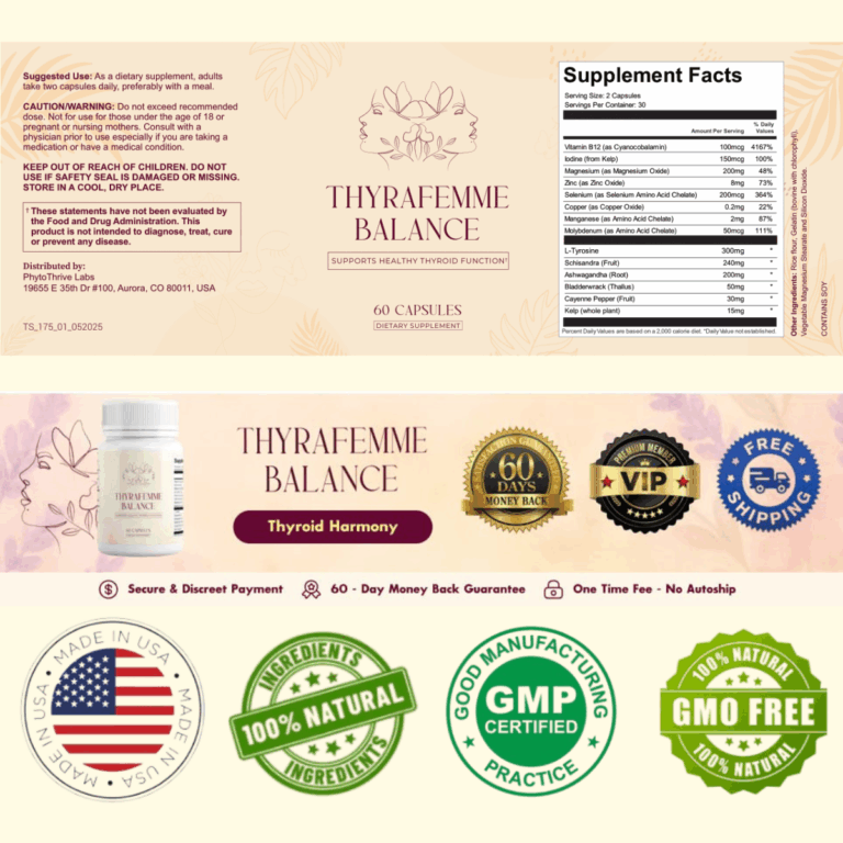 Thyrafemme Balance supplement bottle with 60 capsules, showing 60-day money-back guarantee, free shipping, VIP membership, and quality seals for GMP certified, 100% natural ingredients, made in USA, and GMO free.